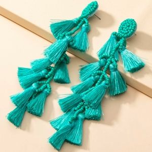 Beaded Turquoise Tassel Drop Earrings